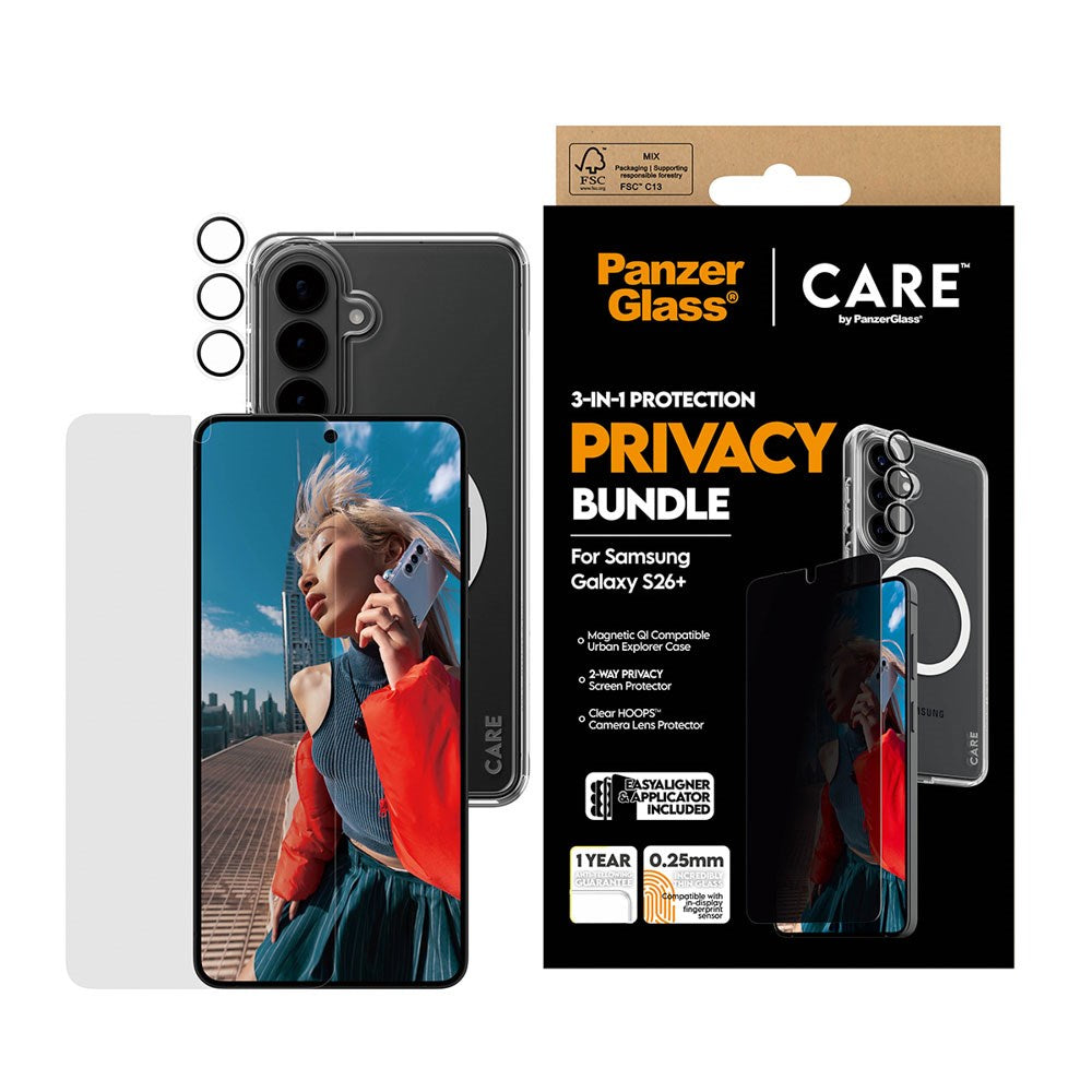 Samsung Galaxy S26+ (Plus) Urban Combat 3-in-1 Privacy Bundle med Skal / Skärmskydd (Privacy) / Kameraskydd - Qi Kompatibel - Genomskinlig