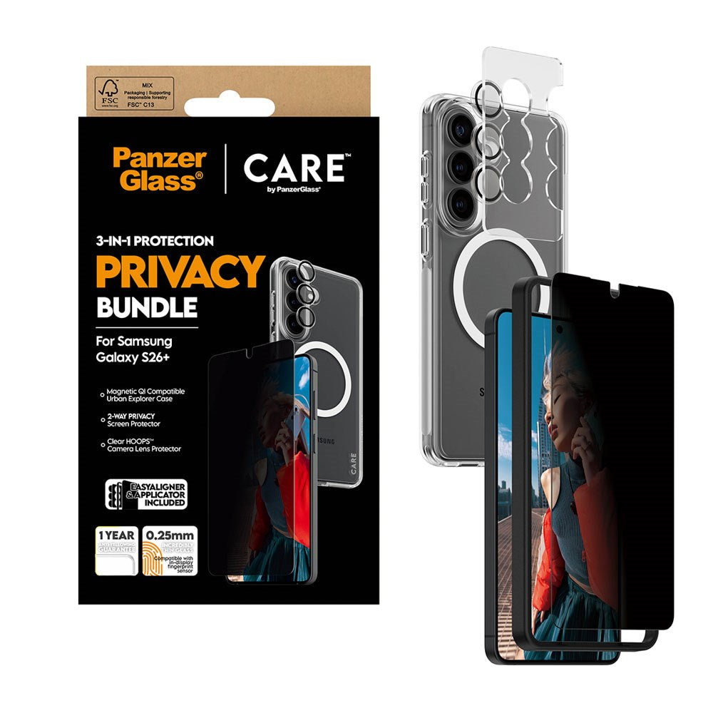 Samsung Galaxy S26+ (Plus) Urban Combat 3-in-1 Privacy Bundle med Skal / Skärmskydd (Privacy) / Kameraskydd - Qi Kompatibel - Genomskinlig