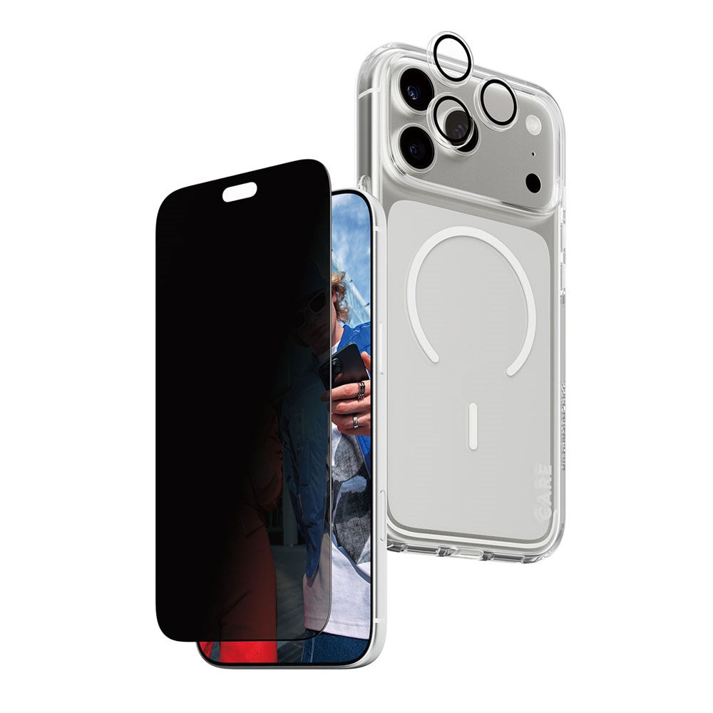 iPhone 18 Pro Max CARE by PanzerGlass 3-i-1 FLAGSHIP Bundle - Skal / Privacy Skärmskydd (UWF) / Kameraskydd - Genomskinlig / Svart