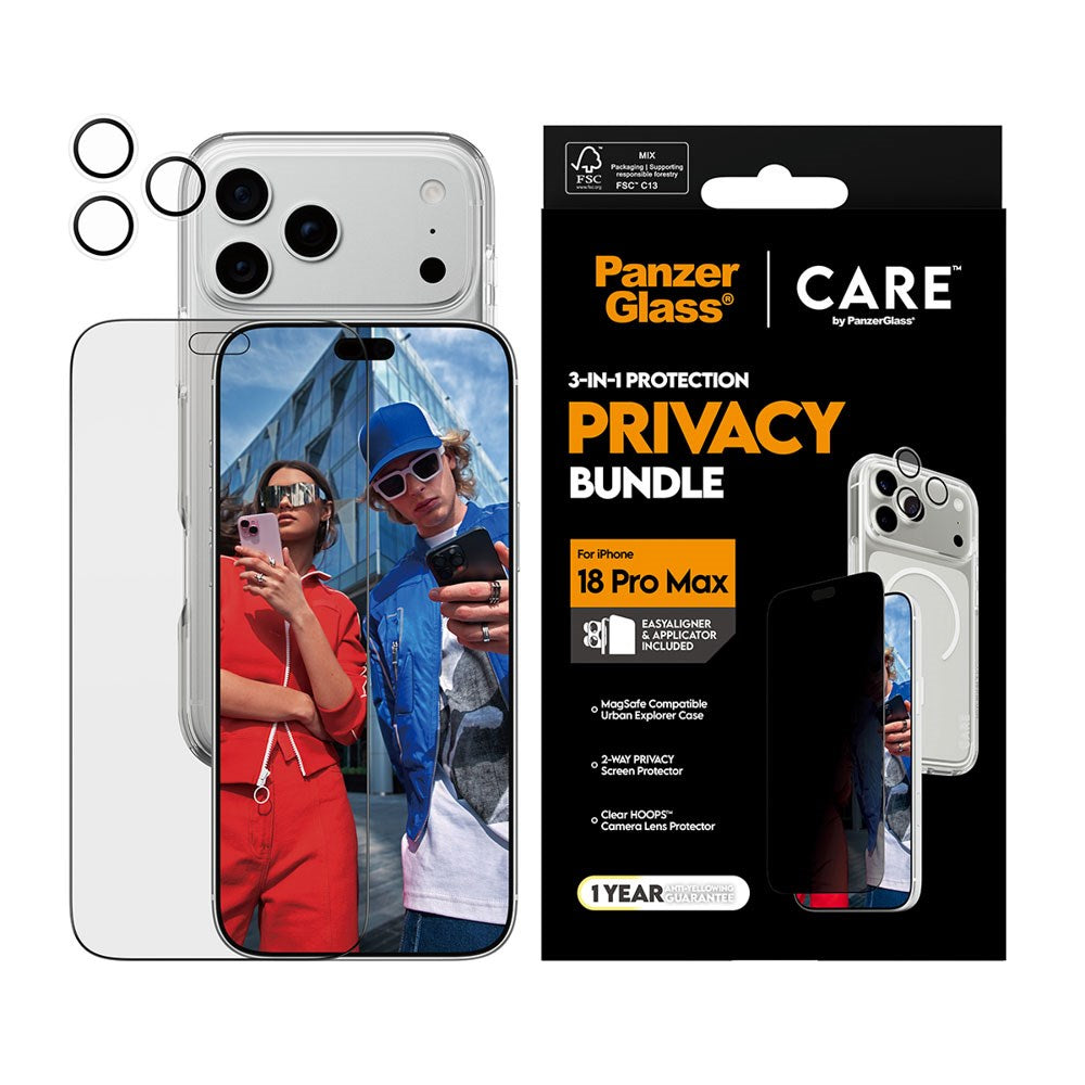 iPhone 18 Pro Max CARE by PanzerGlass 3-i-1 FLAGSHIP Bundle - Skal / Privacy Skärmskydd (UWF) / Kameraskydd - Genomskinlig / Svart