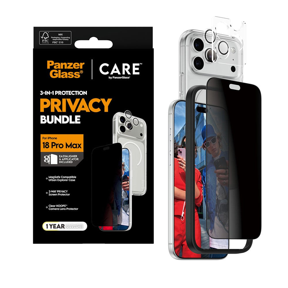 iPhone 18 Pro Max CARE by PanzerGlass 3-i-1 FLAGSHIP Bundle - Skal / Privacy Skärmskydd (UWF) / Kameraskydd - Genomskinlig / Svart