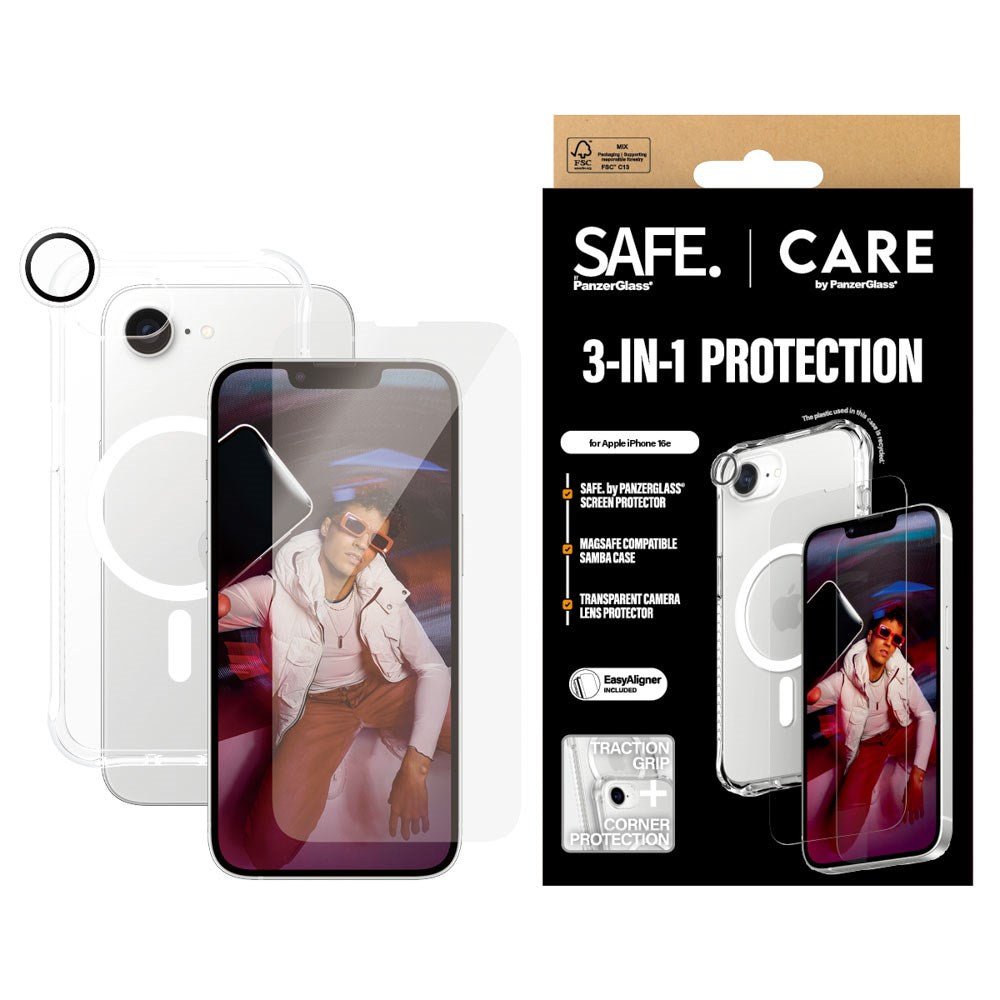 CARE By PanzerGlass iPhone 16e 3-i-1 FASHION Bundle - Skärmskydd (UWF) / Samba Skal / Kameraskydd - Genomskinlig / Vit