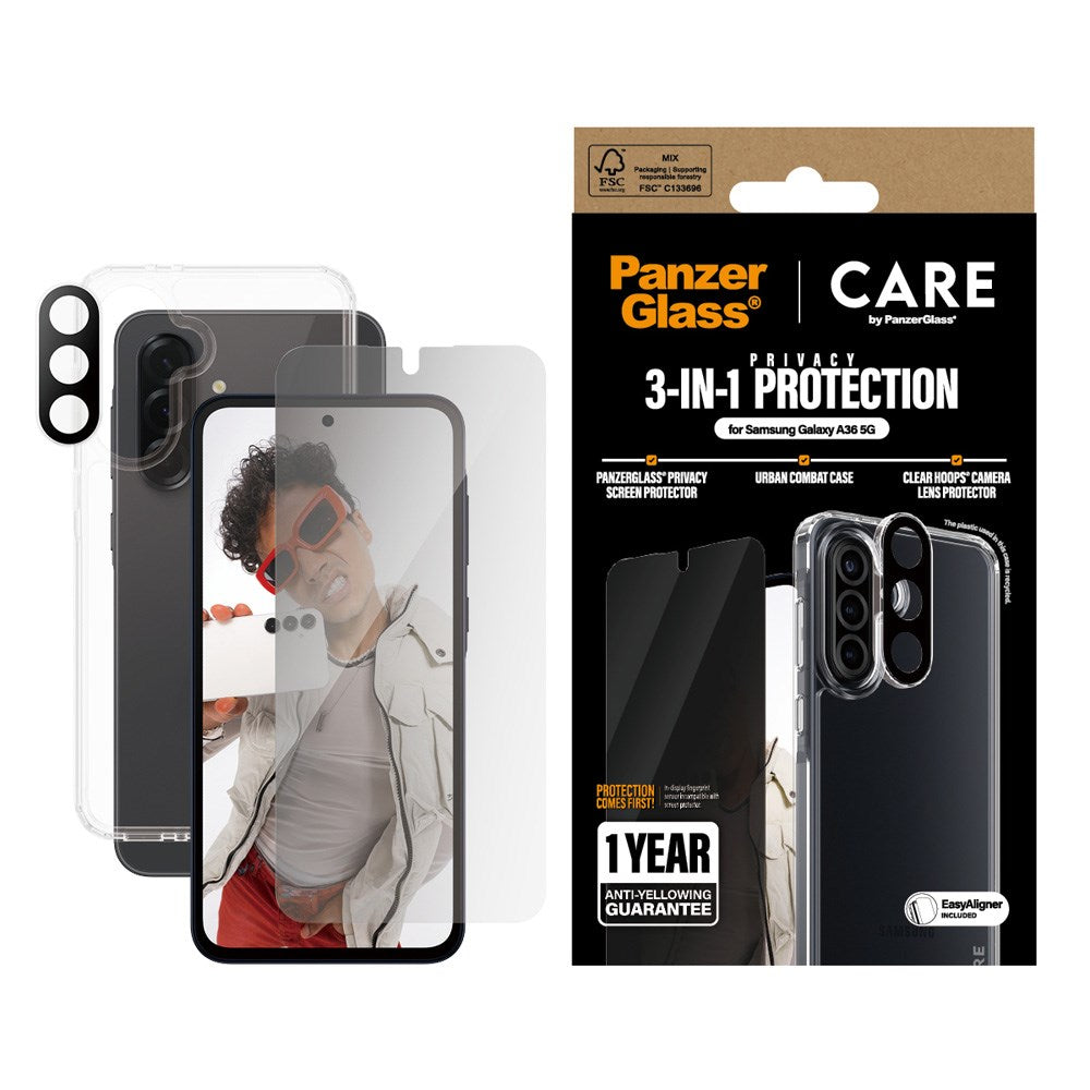 CARE by PanzerGlass Samsung Galaxy A36 (5G) 3-i-1 FLAGSHIP Bundle - Skal / Privacy Skärmskydd (UWF) / Kameraskydd - Genomskinlig / Svart