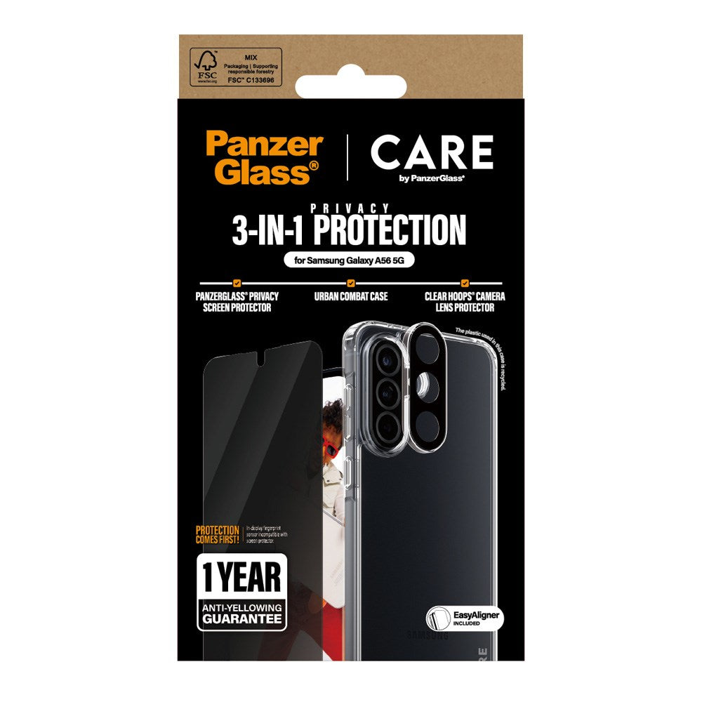 CARE by PanzerGlass Samsung Galaxy A56 (5G) 3-i-1 FLAGSHIP Bundle - Skal / Privacy Skärmskydd (UWF) / Kameraskydd - Genomskinlig / Svart