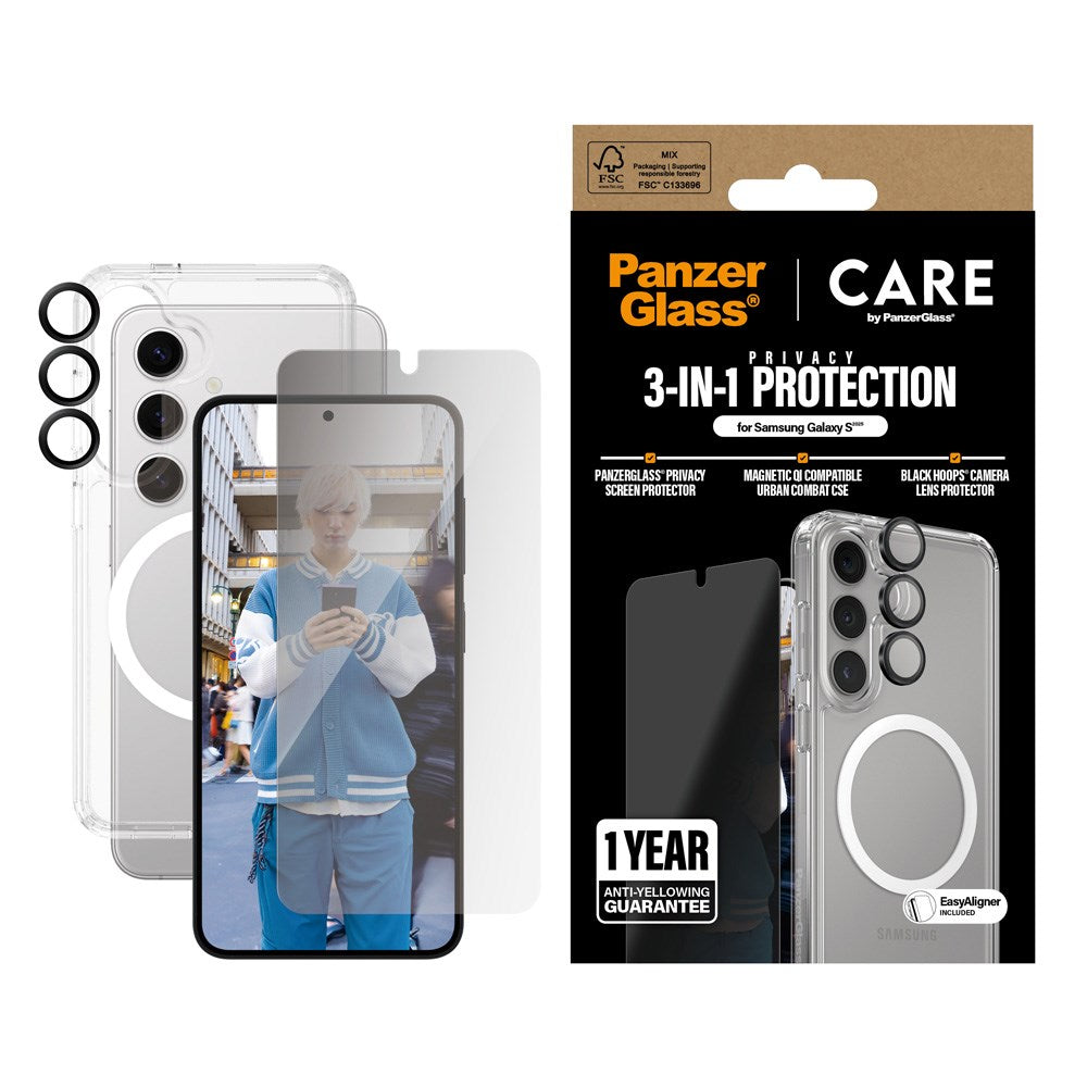 CARE by PanzerGlass Samsung Galaxy S25 3-i-1 FLAGSHIP Bundle - Skal / Privacy Skärmskydd (UWF) / Kameraskydd - Genomskinlig / Vit