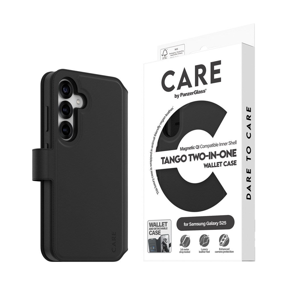 CARE by PanzerGlass Samsung Galaxy S25 Feature Tango 2-i-1 Skal med Plånbok - Qi Kompatibel - Svart