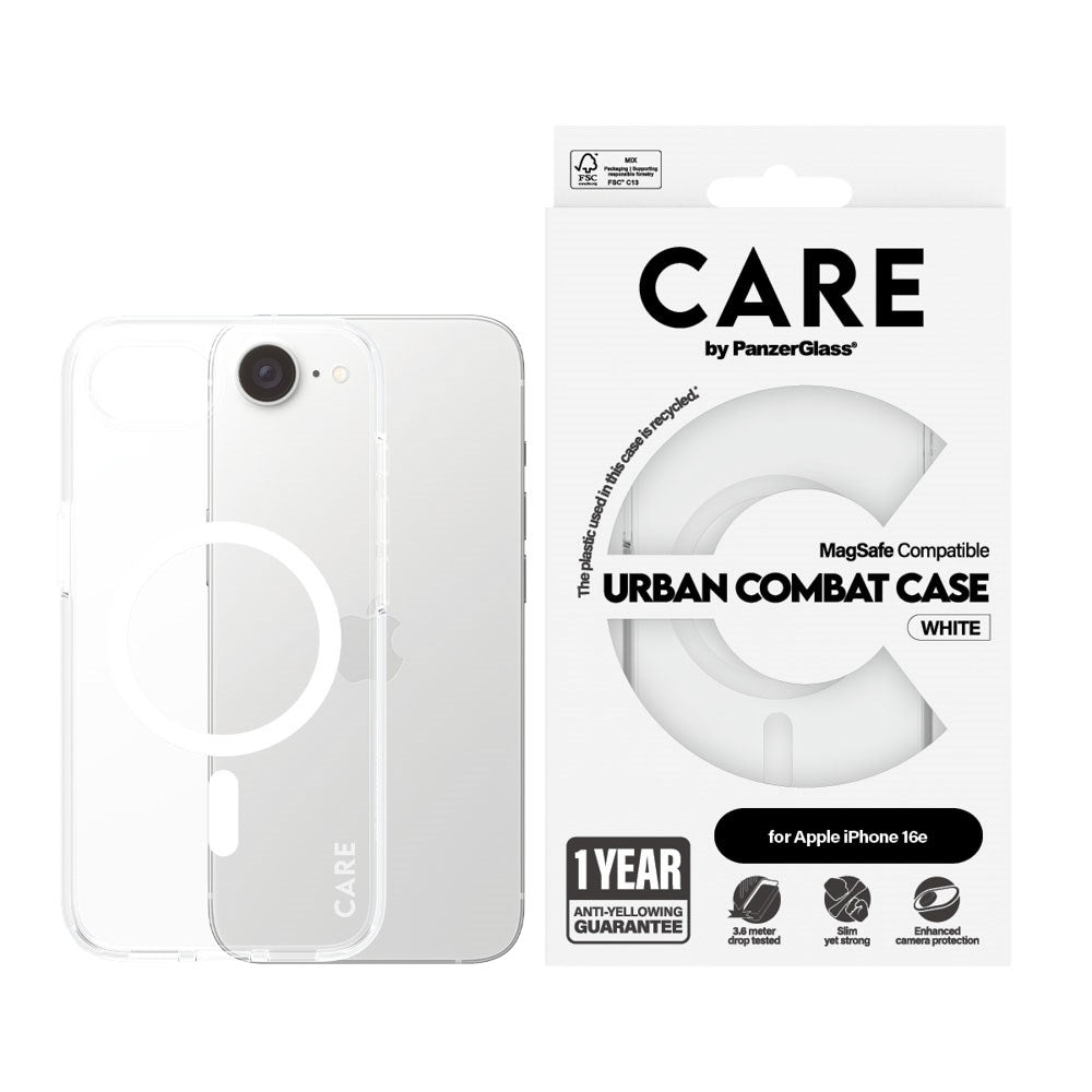 CARE by PanzerGlass iPhone 16e FLAGSHIP Urban Combat Skal - MagSafe Kompatibel -Transparent / White