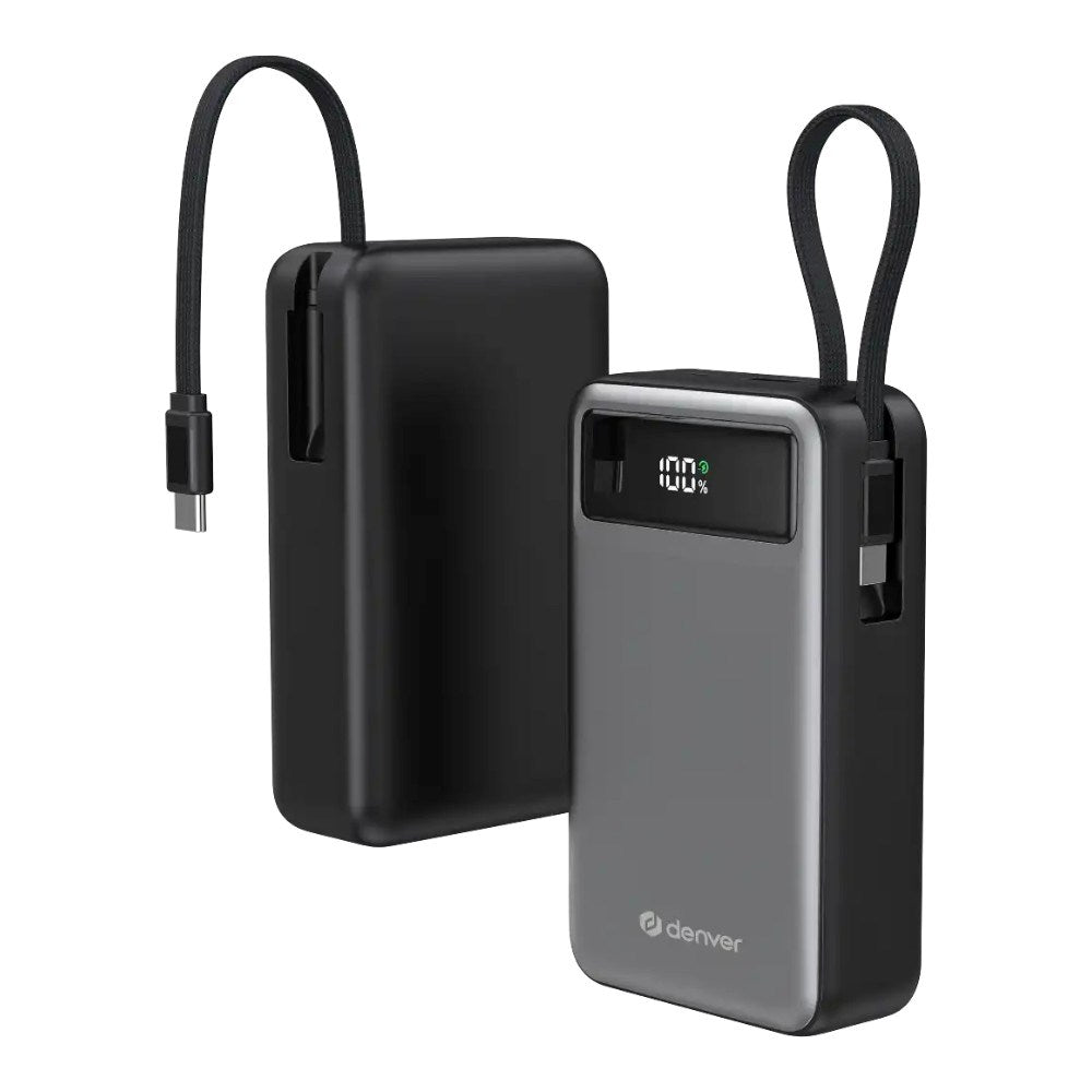 Denver PQCA-20650 65W PowerBank m. USB-A / USB-C / Inbyggd USB-C Kabel - 20.000 mAh - Grå