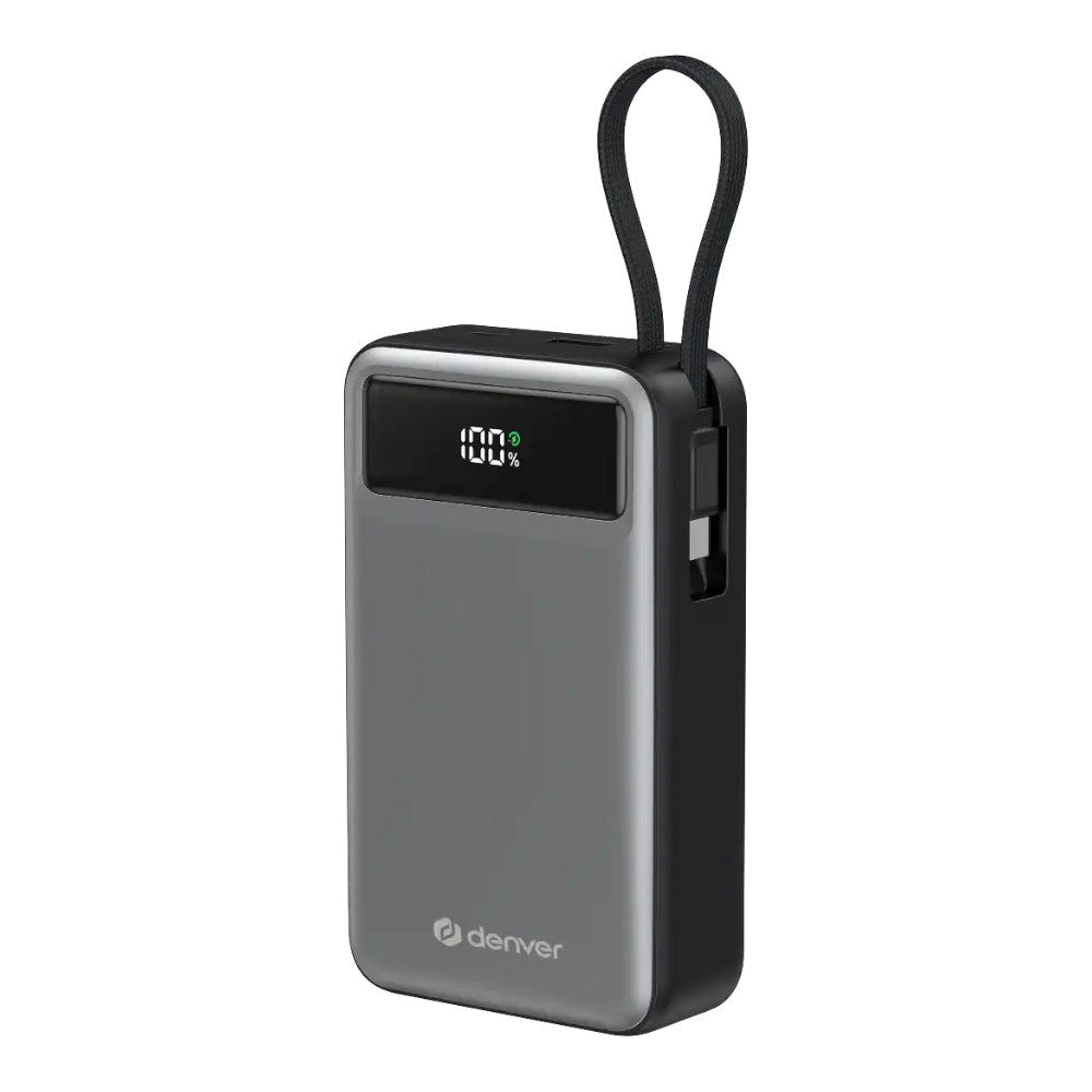 Denver PQCA-20650 65W PowerBank m. USB-A / USB-C / Inbyggd USB-C Kabel - 20.000 mAh - Grå