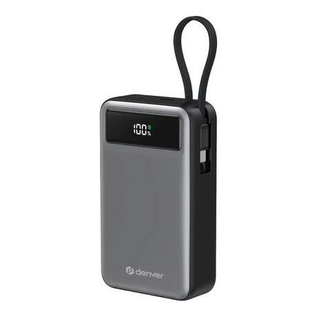 Denver PQCA-20650 65W PowerBank m. USB-A / USB-C / Inbyggd USB-C Kabel - 20.000 mAh - Grå