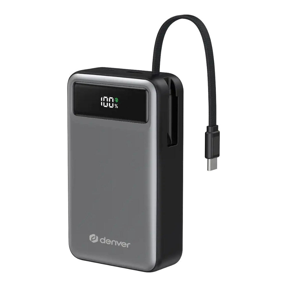 Denver PQCA-20650 65W PowerBank m. USB-A / USB-C / Inbyggd USB-C Kabel - 20.000 mAh - Grå