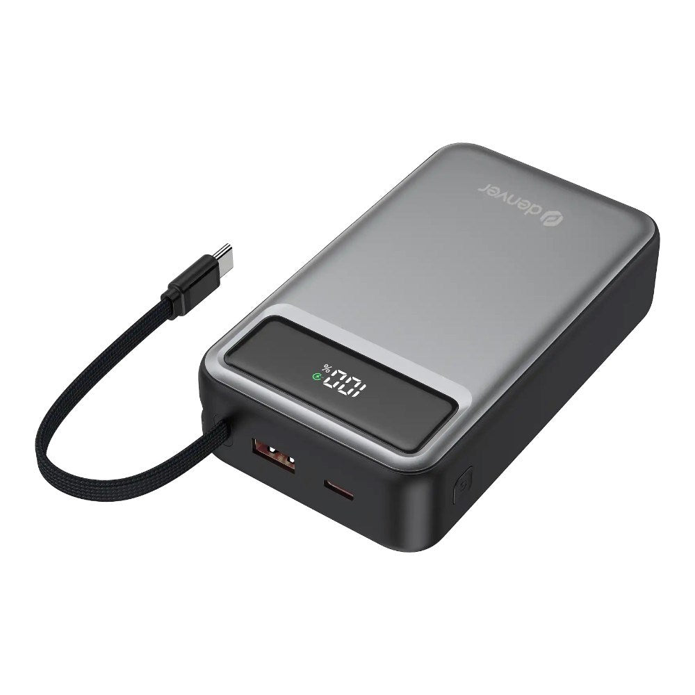 Denver PQCA-20650 65W PowerBank m. USB-A / USB-C / Inbyggd USB-C Kabel - 20.000 mAh - Grå