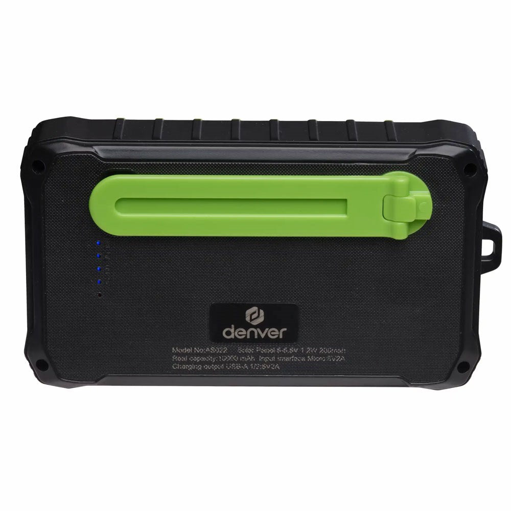 Denver PSO-10012 Solcells Powerbank m. Handvev & Ficklampa - 10.000 mAh - Svart / Grön