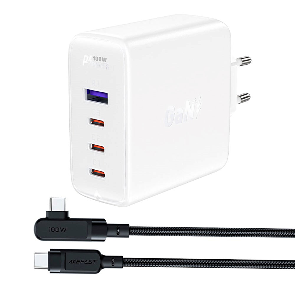 Acefast 100W PD GaN Charger - Väggladdare med 1 x USB-A & 3 x USB-C - Vit