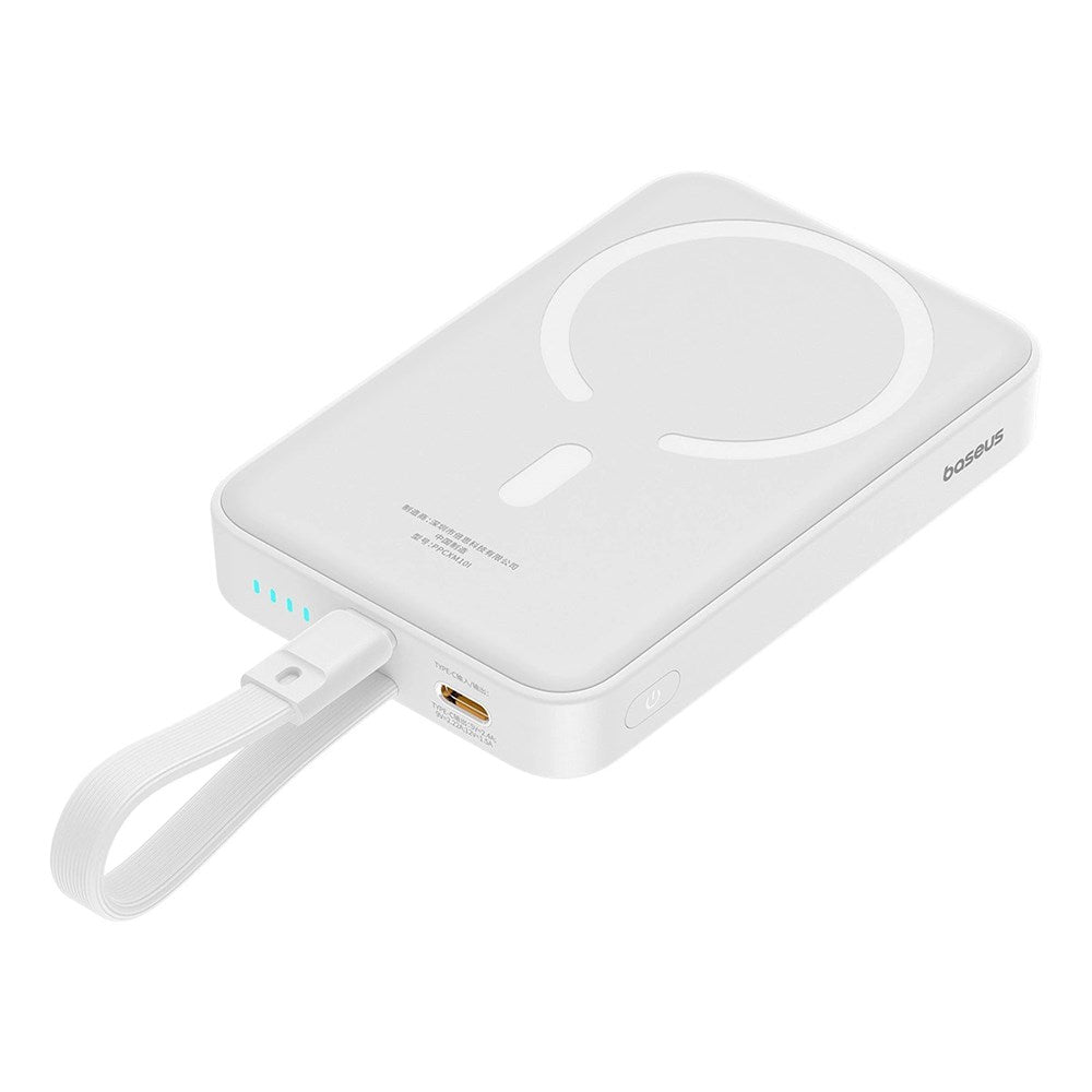 Baseus Magnetic Qi Powerbank 20W med USB-C-kabel & Inbyggd Lightning-kabel - 10 000 mAh - MagSafe-kompatibel - Vit