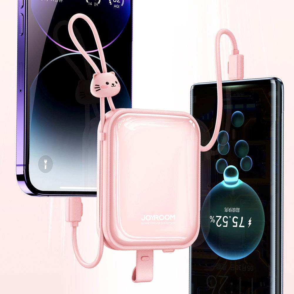 Joyroom JR-L008 Powerbank 22.5W USB-A m. Indbygget USB-C / Lightning Kabel & Kickstand - 10.000 mAh - Lyserød