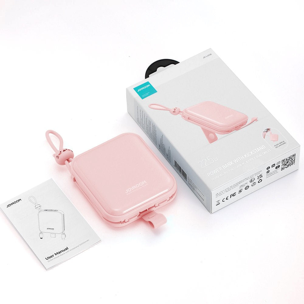 Joyroom JR-L008 Powerbank 22.5W USB-A m. Indbygget USB-C / Lightning Kabel & Kickstand - 10.000 mAh - Lyserød