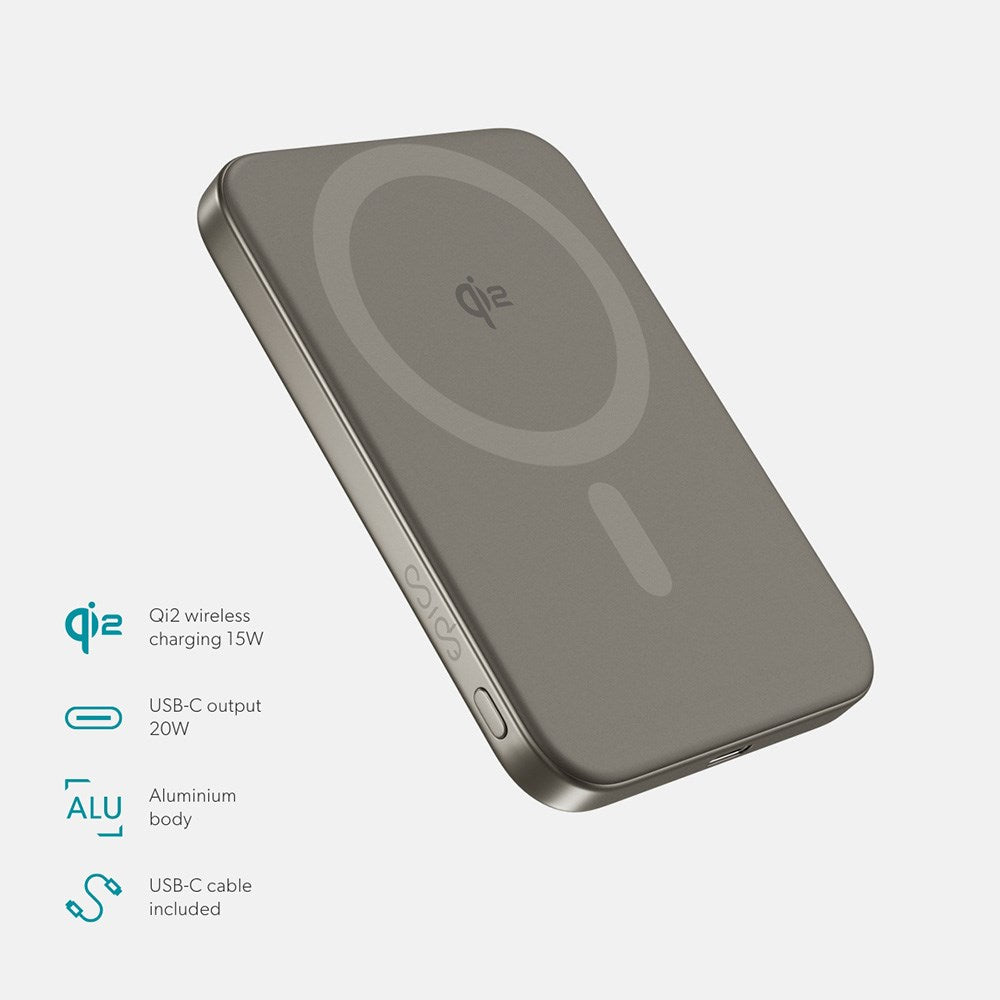 Epico 15W UltraPack EM51 Slim Alu Mag+ 5000 mAh Power Bank med USB-C - Qi2 / MagSafe Kompatibel - Titanium