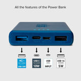 SBS Powerbank med 2x USB-A & 1x USB-C 10W - 10.000 mAh - Blå