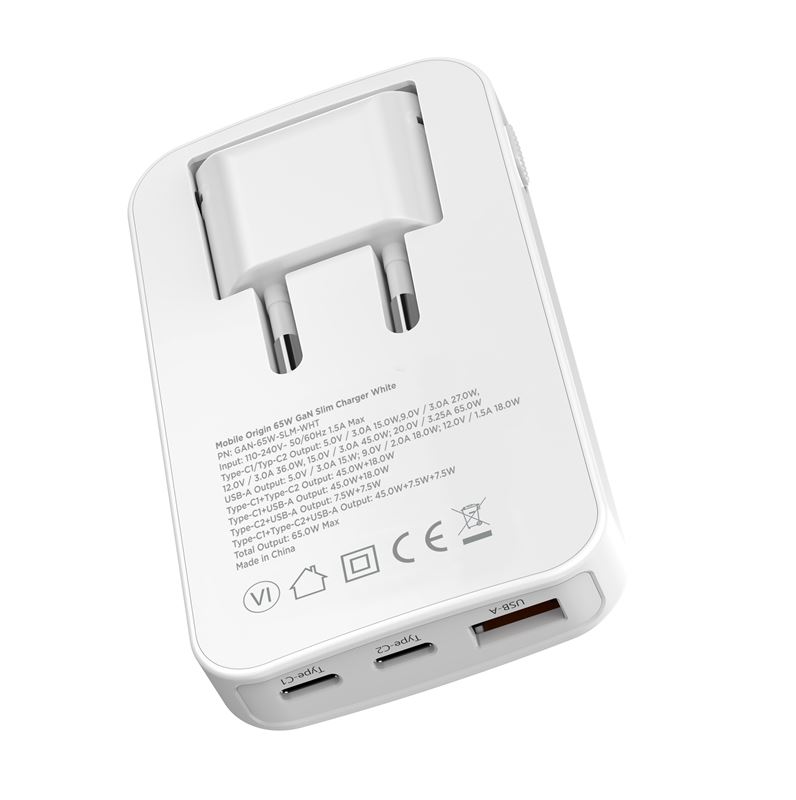 Mobile Origin Slim Charger 65W (2x USB-C, 1x USB-A) - Vit