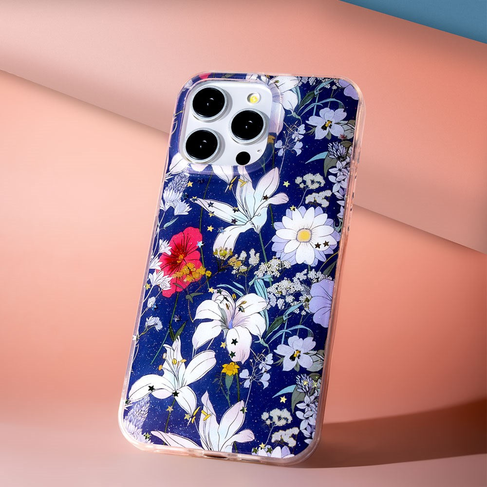 iPhone 16 Pro TFO Glow Glam Skal - Blå / Blommor