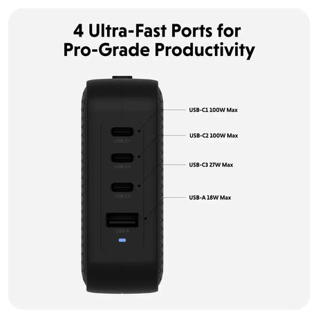 Targus HyperJuice 100W Reseladdare m. 1x USB-A & 3x USB-C - inkl. 4x Adapterkontakter - Svart