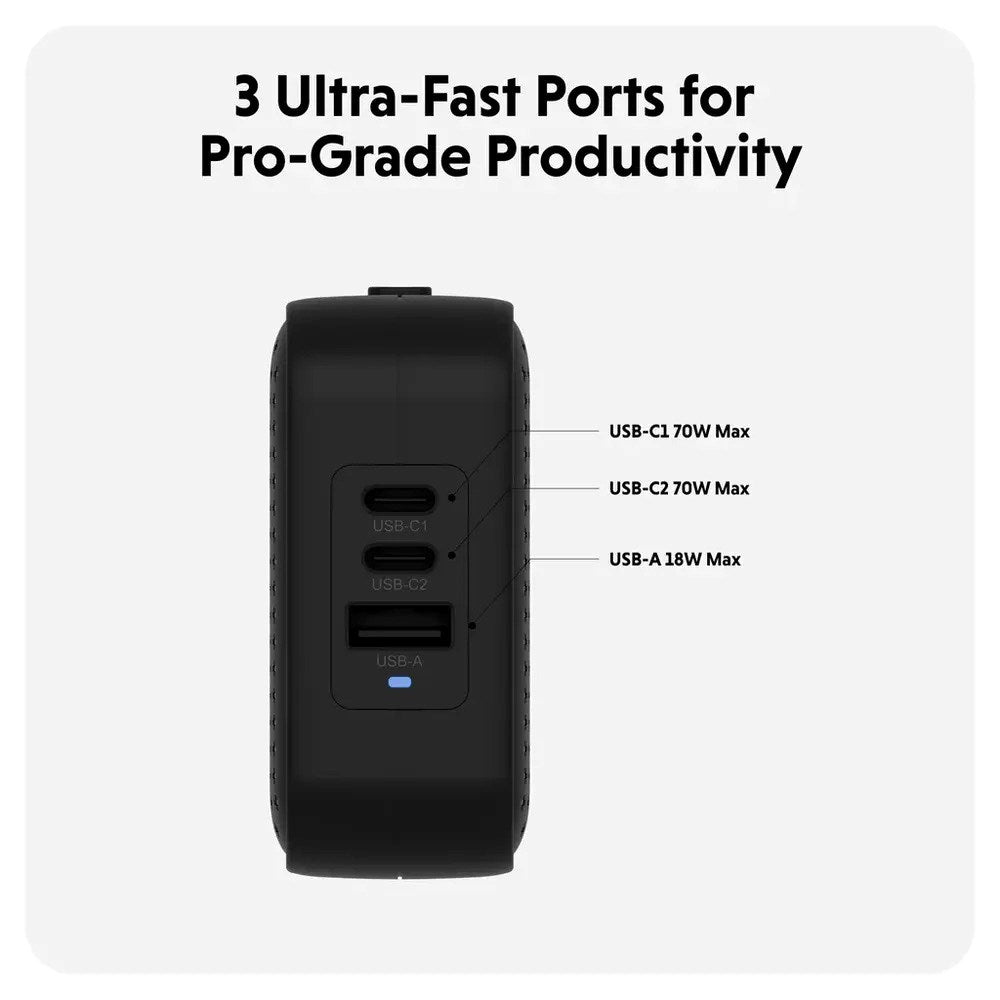 Targus HyperJuice 70W Reseladdare m. 1x USB-A & 2x USB-C - inkl. 4x Adapterkontakter - Svart
