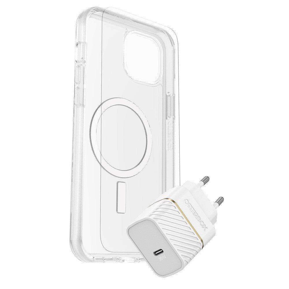 OtterBox iPhone 15 Plus Protection + Power Kit - MagSafe Skal, Skärmskydd & 20W Väggladdare - Genomskinlig / Vit