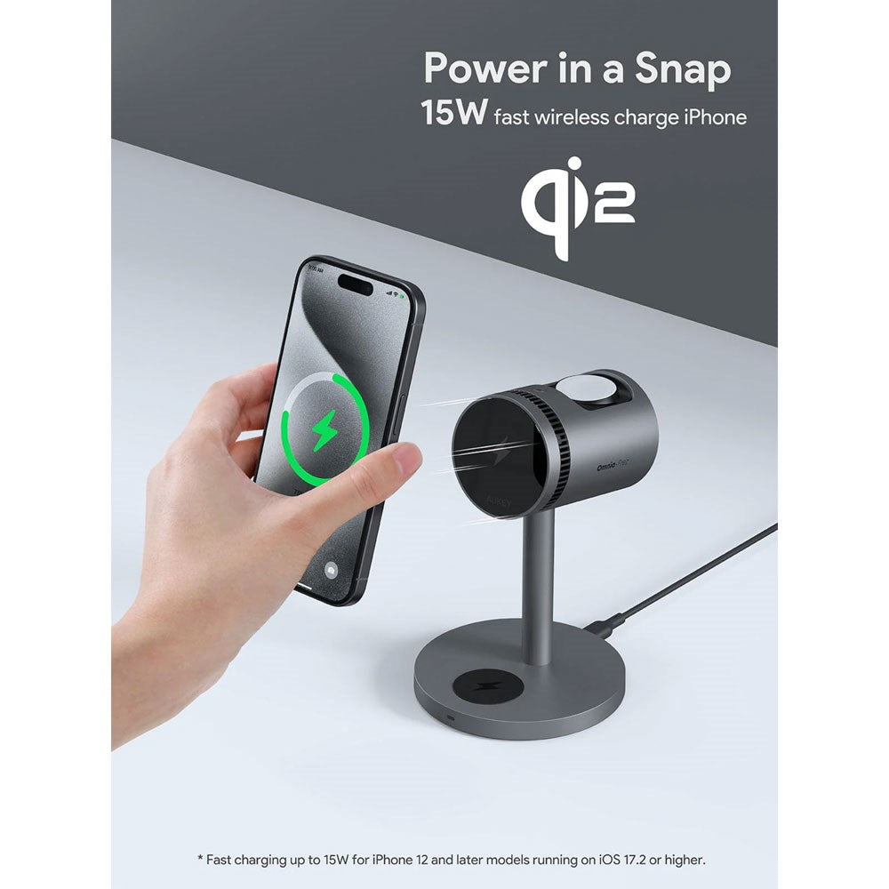 Aukey MagFusion 3-i-1 15W Trådlös Laddare för Smartphone / Apple Watch / AirPods - MagSafe / Qi2 Kompatibel - Grå