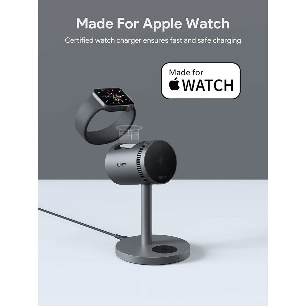 Aukey MagFusion 3-i-1 15W Trådlös Laddare för Smartphone / Apple Watch / AirPods - MagSafe / Qi2 Kompatibel - Grå