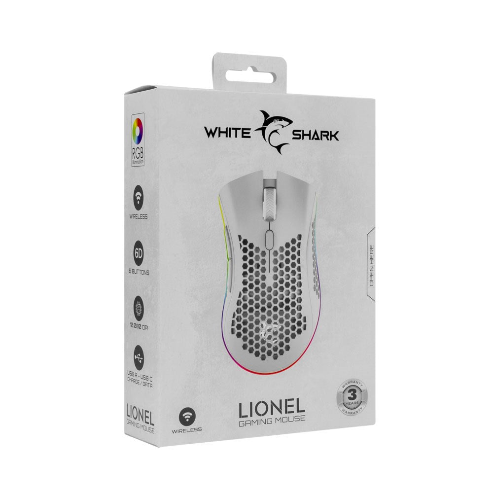 White Shark LIONEL Trådlös Gaming Mus - 6D / 10000 DPI - Vit