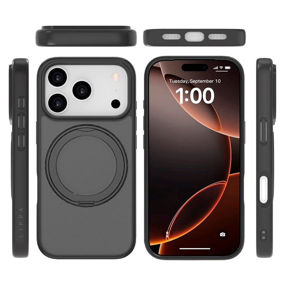 iPhone 17 Pro Lippa Hybrid Plast Skal m. 360 Roterande Kickstand - MagSafe Kompatibel - Matt / Svart