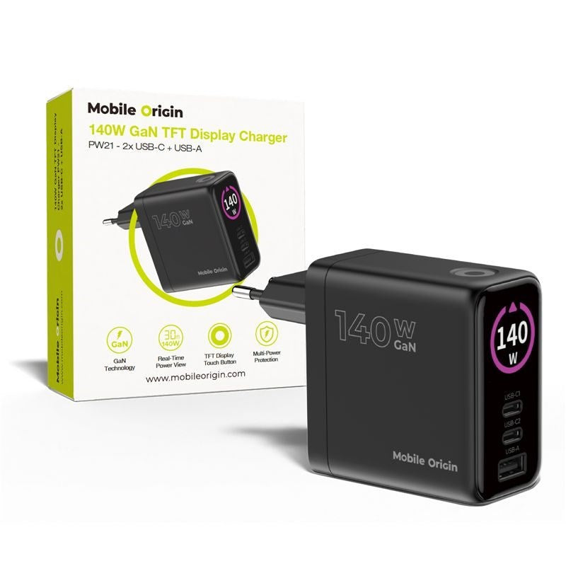 Display Väggladdare Mobile Origin GaN 140 W med 2x USB-C + 1x USB-A - Svart