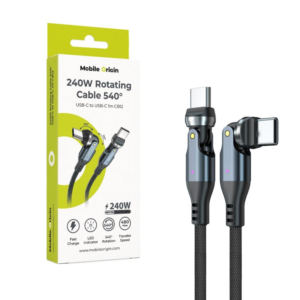 Mobile Origin 240W USB-C till USB-C Kabel med 540° Roterande Led – 1 m - Grå