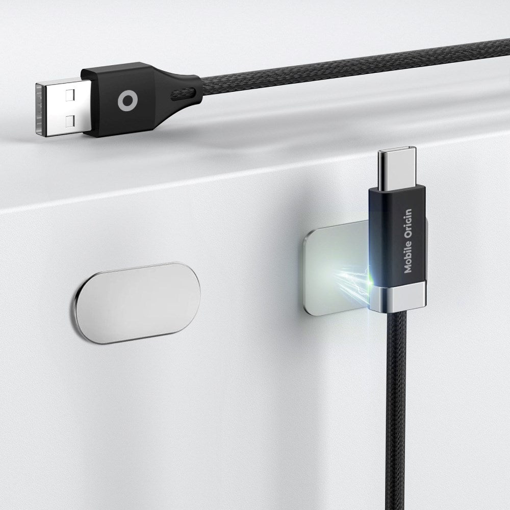 Magnetisk USB-C till USB-A-kabel Mobile Origin 27W med 2 Självhäftande Magnetplattor - 1,5 M - Svart