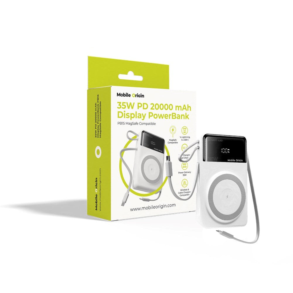 PowerBank Mobile Origin 35 W PD 20 000 mAh med Display - MagSafe Kompatibel - Vit