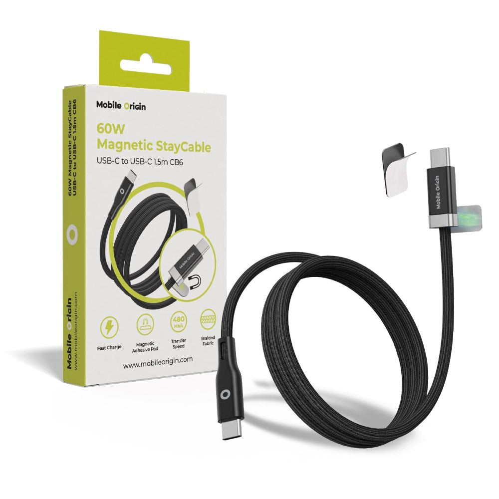Magnetisk USB-C till USB-C -kabel Mobile Origin 60W med 2 Självhäftande Magnetplattor - 1,5 M - Svart
