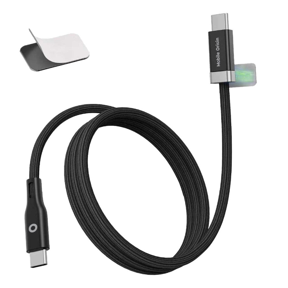Magnetisk USB-C till USB-C -kabel Mobile Origin 60W med 2 Självhäftande Magnetplattor - 1,5 M - Svart