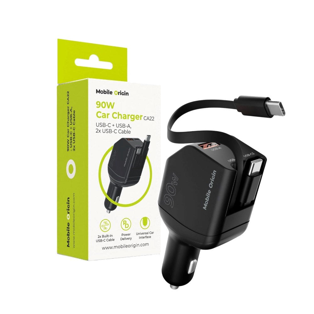 4-i-1 Billaddare 90W Mobile Origin med USB-C + USB-A och 2x Infällbar USB-C-kabel – Svart