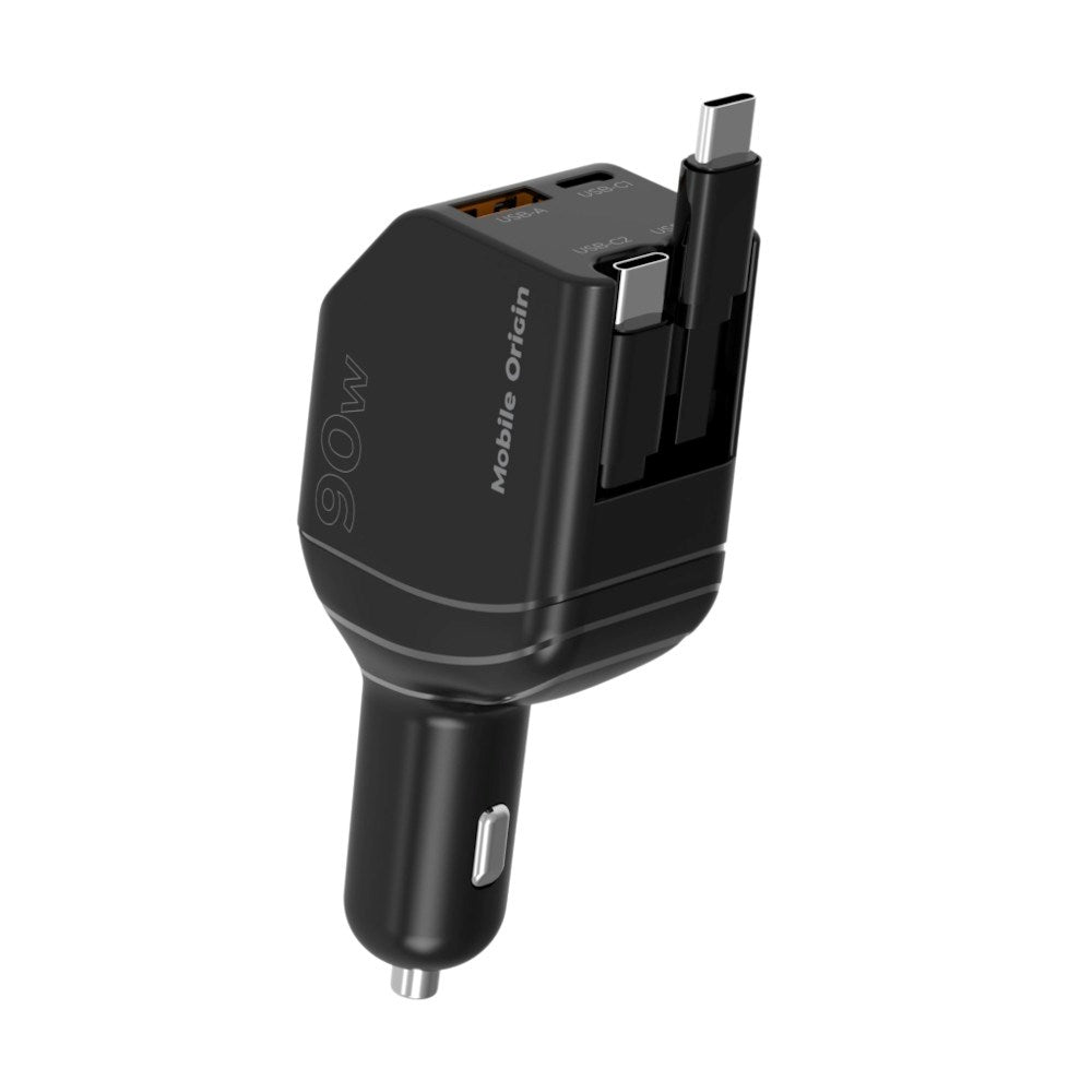4-i-1 Billaddare 90W Mobile Origin med USB-C + USB-A och 2x Infällbar USB-C-kabel – Svart