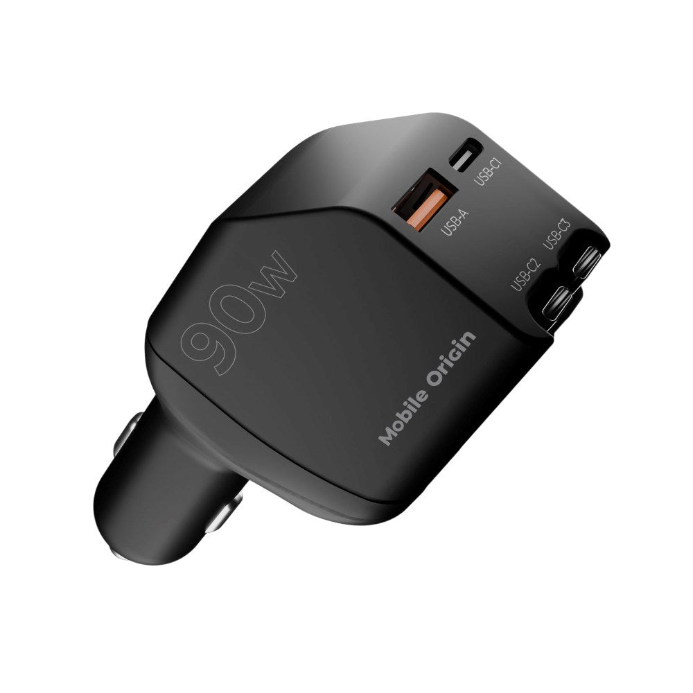 4-i-1 Billaddare 90W Mobile Origin med USB-C + USB-A och 2x Infällbar USB-C-kabel – Svart