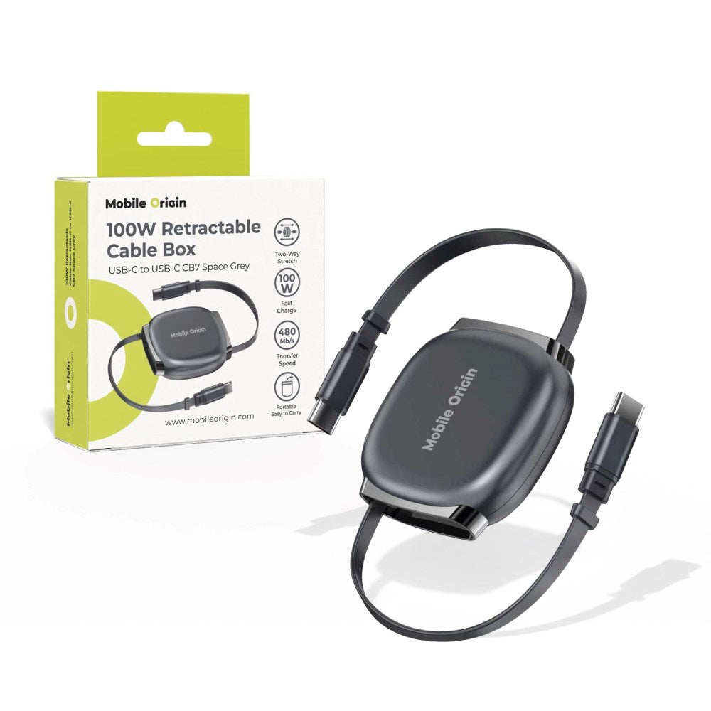 Självupprullande Kabelbox Mobile Origin 100 W med USB-C till USB-C - Grå