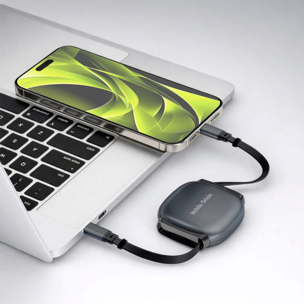 Självupprullande Kabelbox Mobile Origin 100 W med USB-C till USB-C - Grå