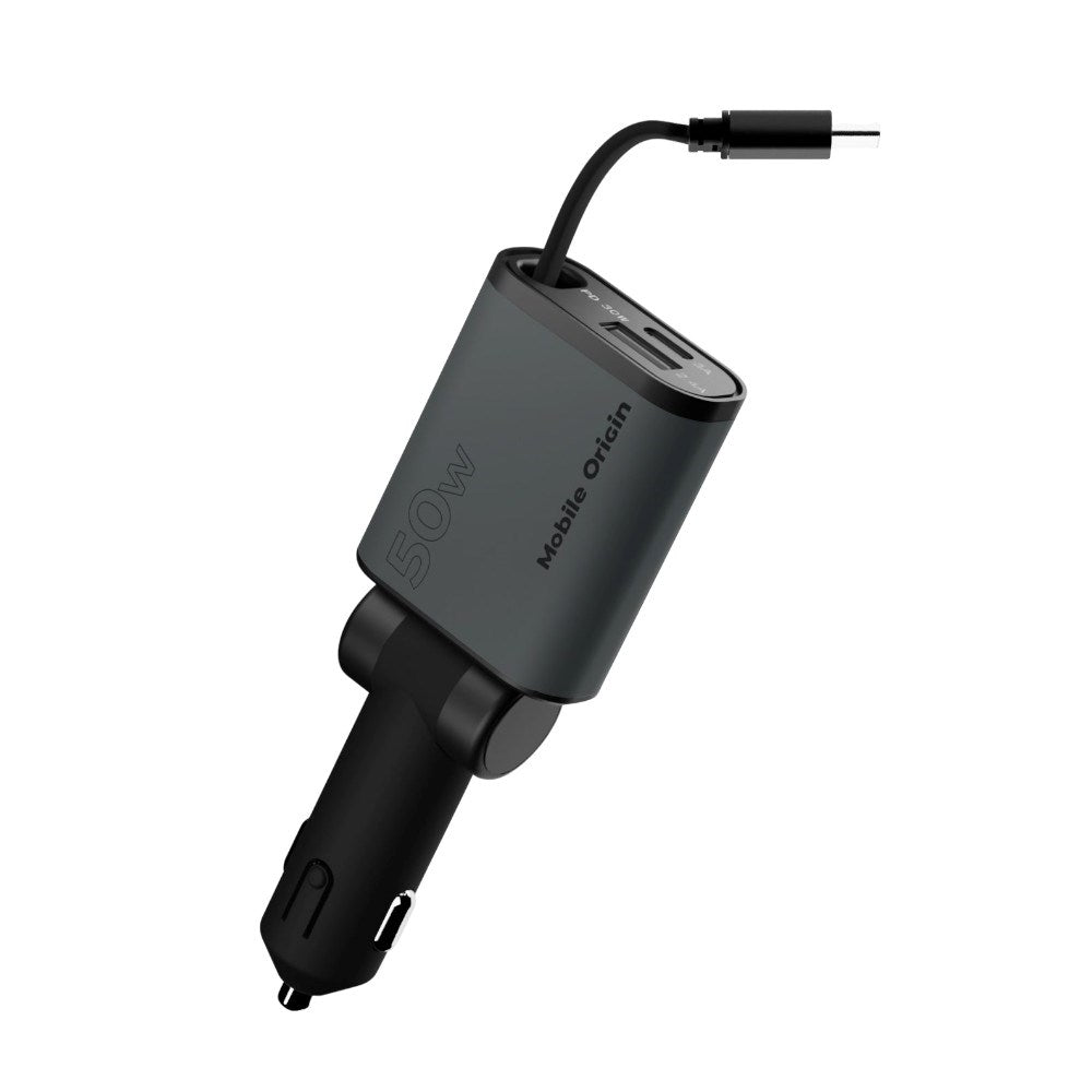 3-i-1 Billaddare 50W Mobile Origin med USB-C + USB-A och Infällbar USB-C-kabel – Grå
