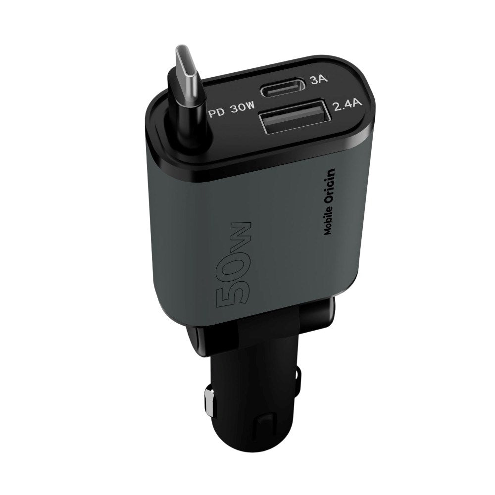 3-i-1 Billaddare 50W Mobile Origin med USB-C + USB-A och Infällbar USB-C-kabel – Grå