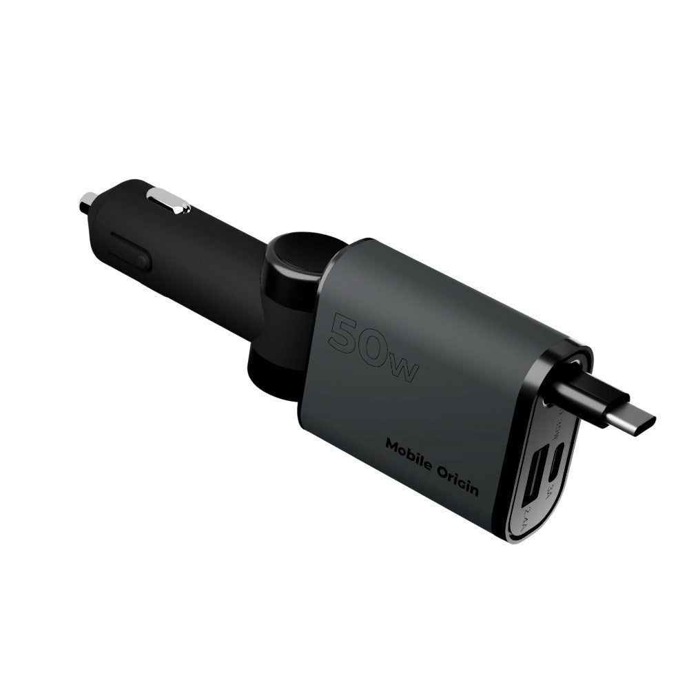 3-i-1 Billaddare 50W Mobile Origin med USB-C + USB-A och Infällbar USB-C-kabel – Grå