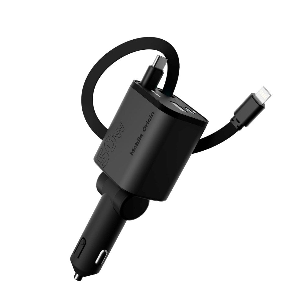 4-i-1 Billaddare Mobile Origin 50 W med USB-C- och USB-A-port Samt Utdragbar USB-C- och Lightning-kabel - Grå