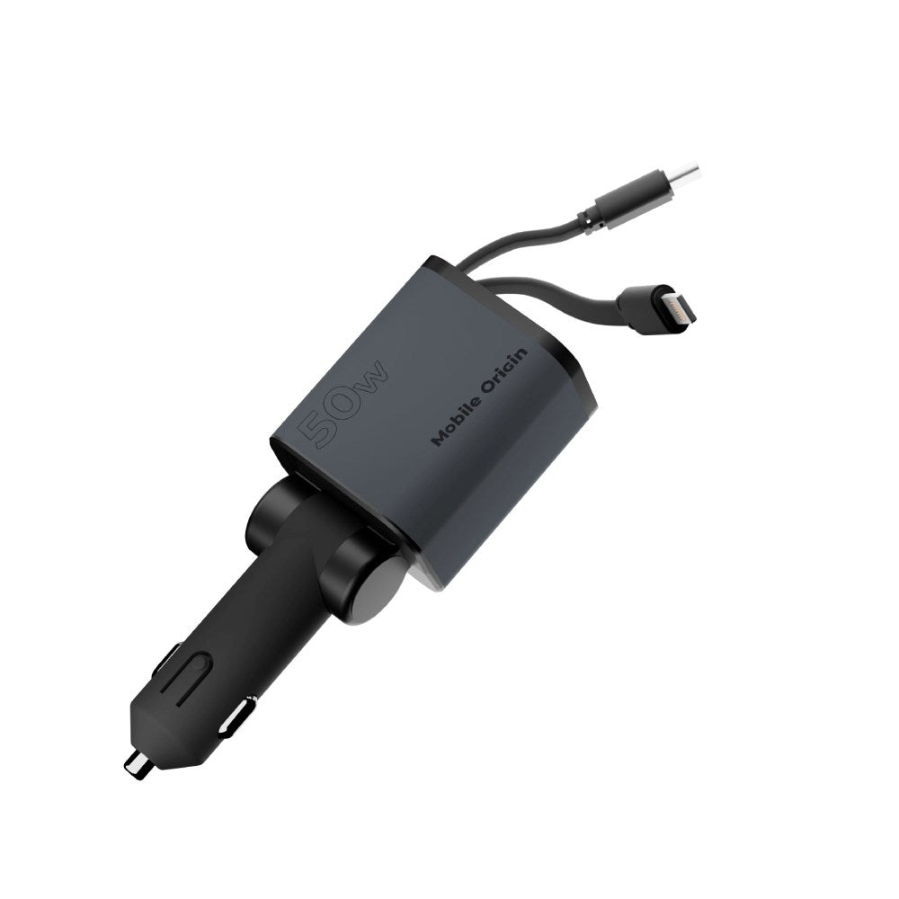4-i-1 Billaddare Mobile Origin 50 W med USB-C- och USB-A-port Samt Utdragbar USB-C- och Lightning-kabel - Grå