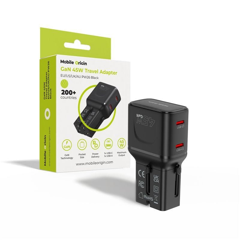 Reseladdare Mobile Origin 45W EU / US / UK / AU - Svart