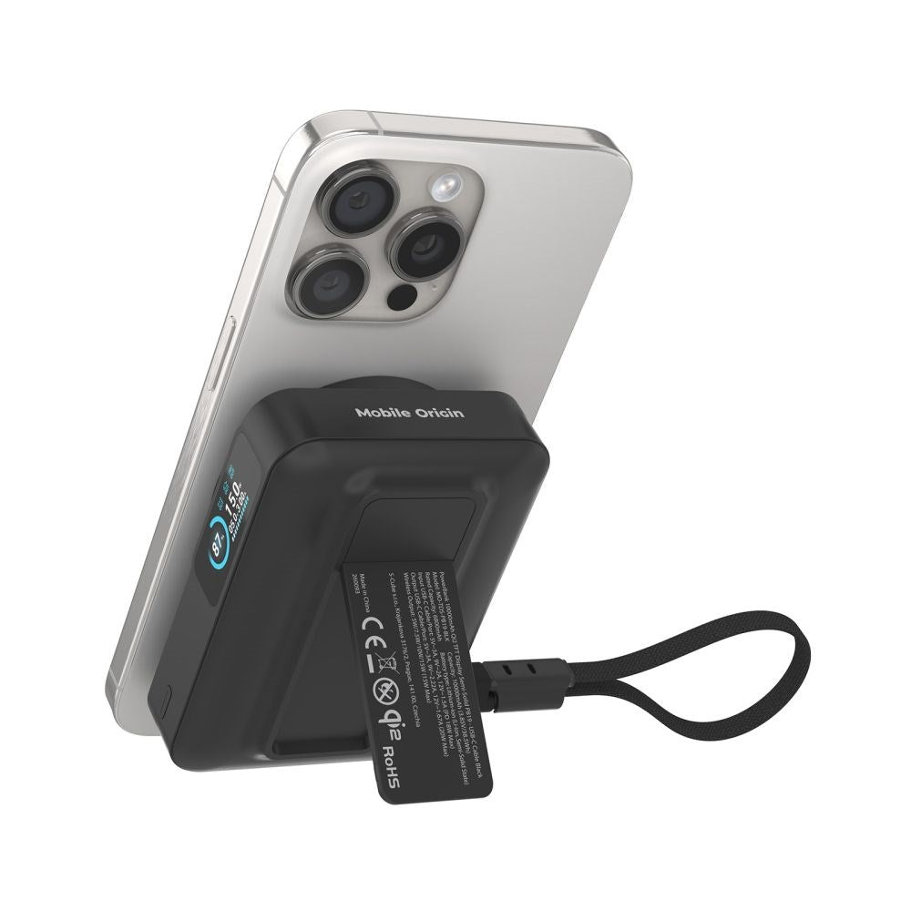Mobile Origin 10 000 mAh Powerbank med Trådlös Laddning / Inbyggd USB-C Kabel - MagSafe / Qi2 Kompatibel - Svart